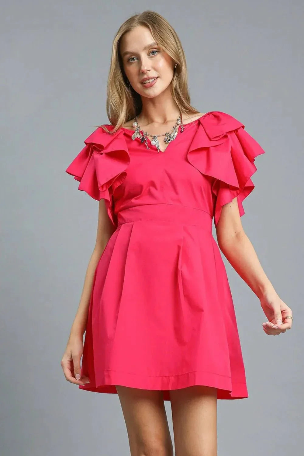 Umgee Double Ruffle Sleeve Fit and Flare Dress - VILLA FASHION